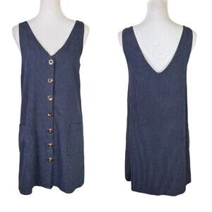 Crescent Navy Blue Thin Stripe Button Down Sleeveless Shift Dress w Pockets